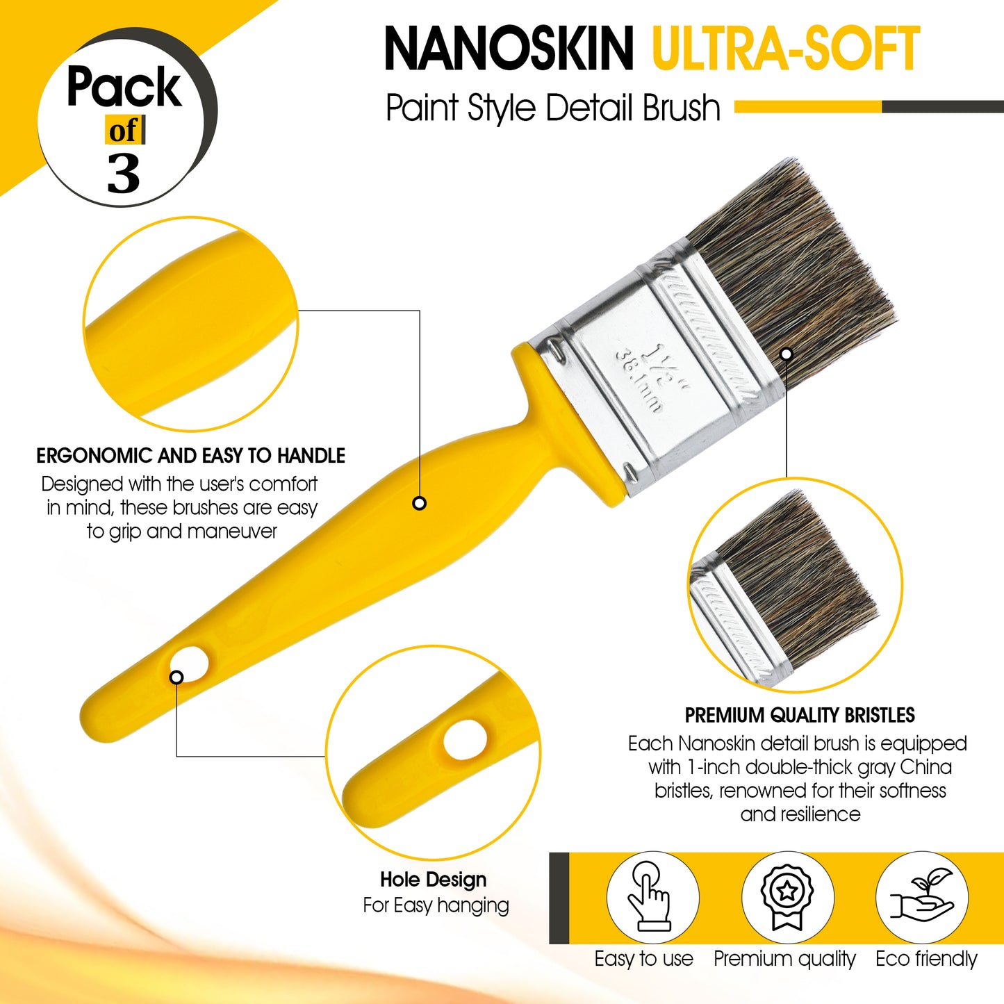 Ultra-Soft Paint Style Detail Brush, 3-Pack - 1" Double Thickness China Bristles