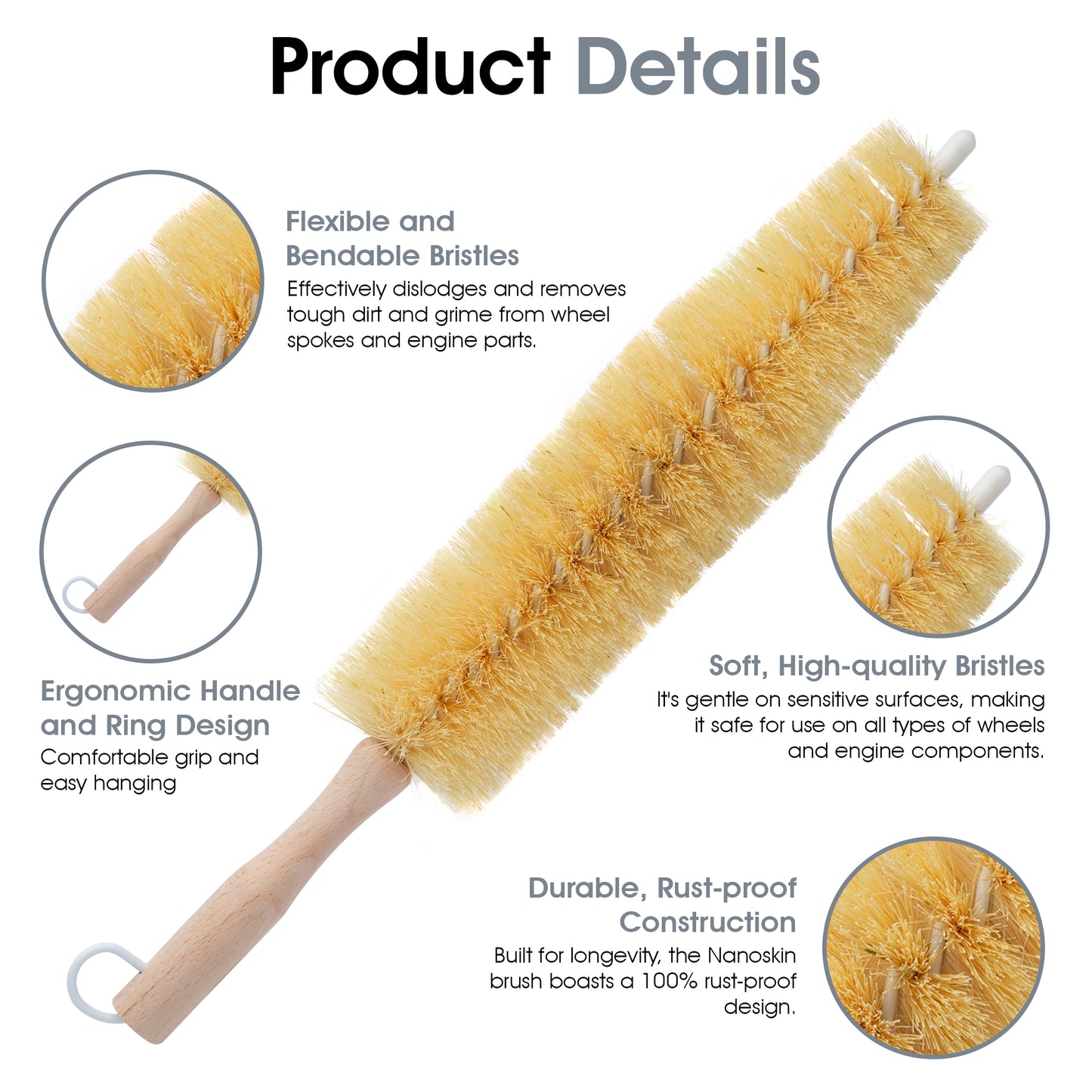 2-Pack Ultra-Efficient 17" Long Spoke, Wheel, and Engine Detailing Brushes with Rust Proof Plastic Coated Wire