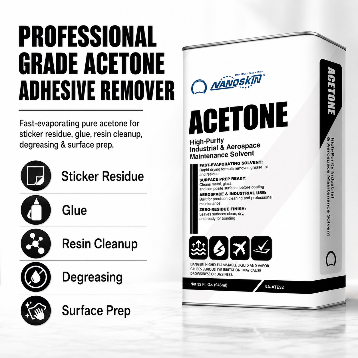 Nanoskin Acetone 32 Oz. – Professional Grade Pure Acetone Solvent