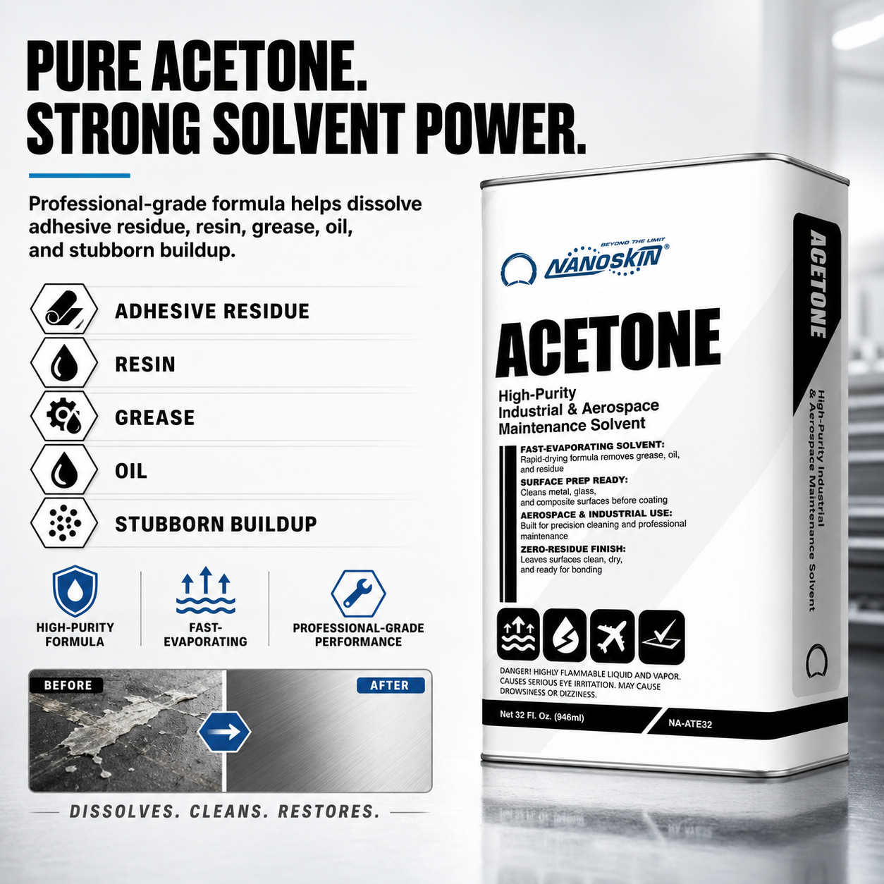 Nanoskin Acetone 32 Oz. – Professional Grade Pure Acetone Solvent