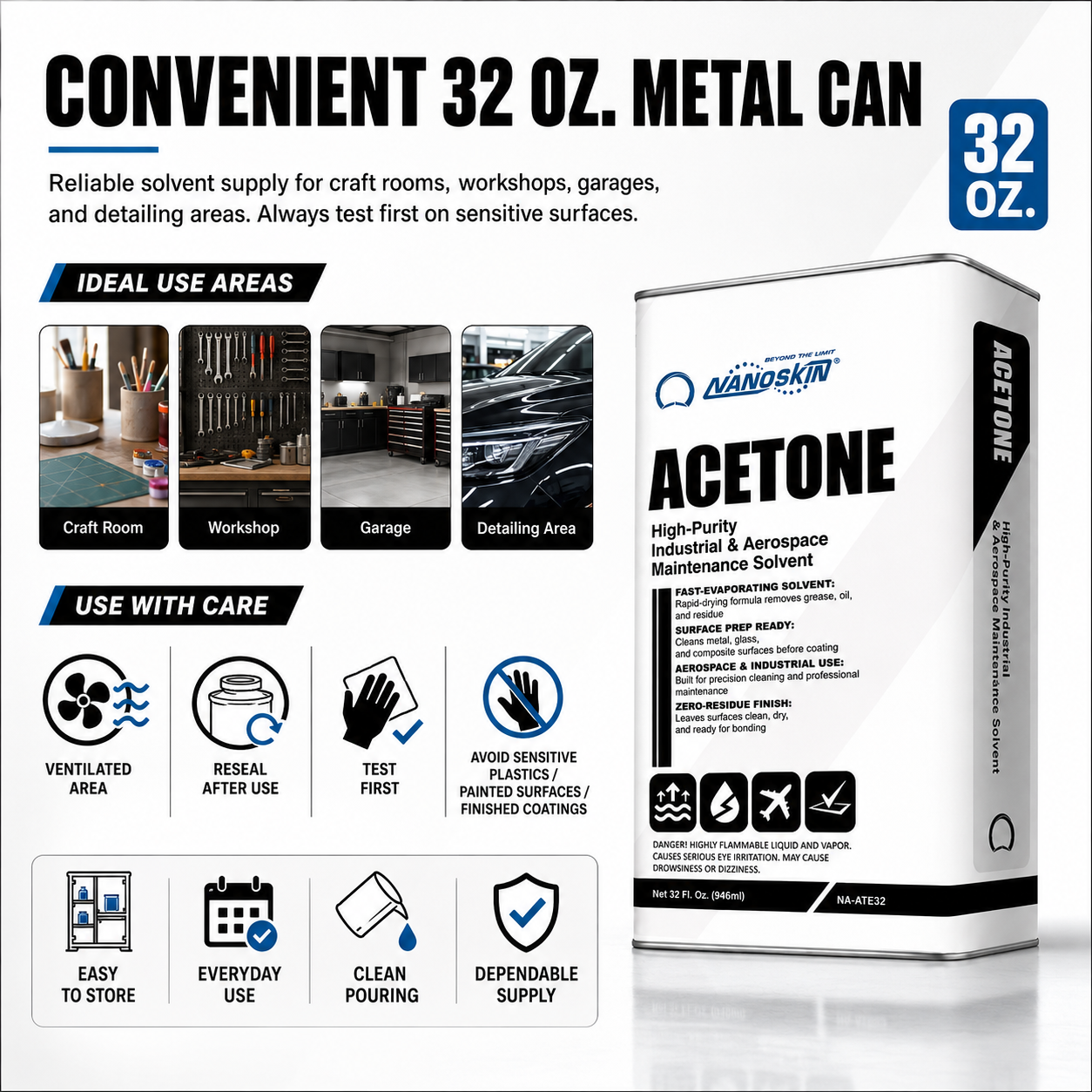 Nanoskin Acetone 32 Oz. – Professional Grade Pure Acetone Solvent