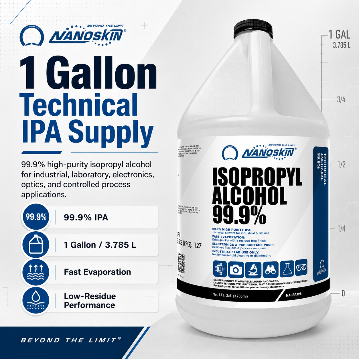 Nanoskin 99.9% Isopropyl Alcohol (IPA) – High-Purity Technical Grade Alcohol for Industrial & Laboratory Use, Fast Evaporating, Low-Residue Formula – 128 fl oz