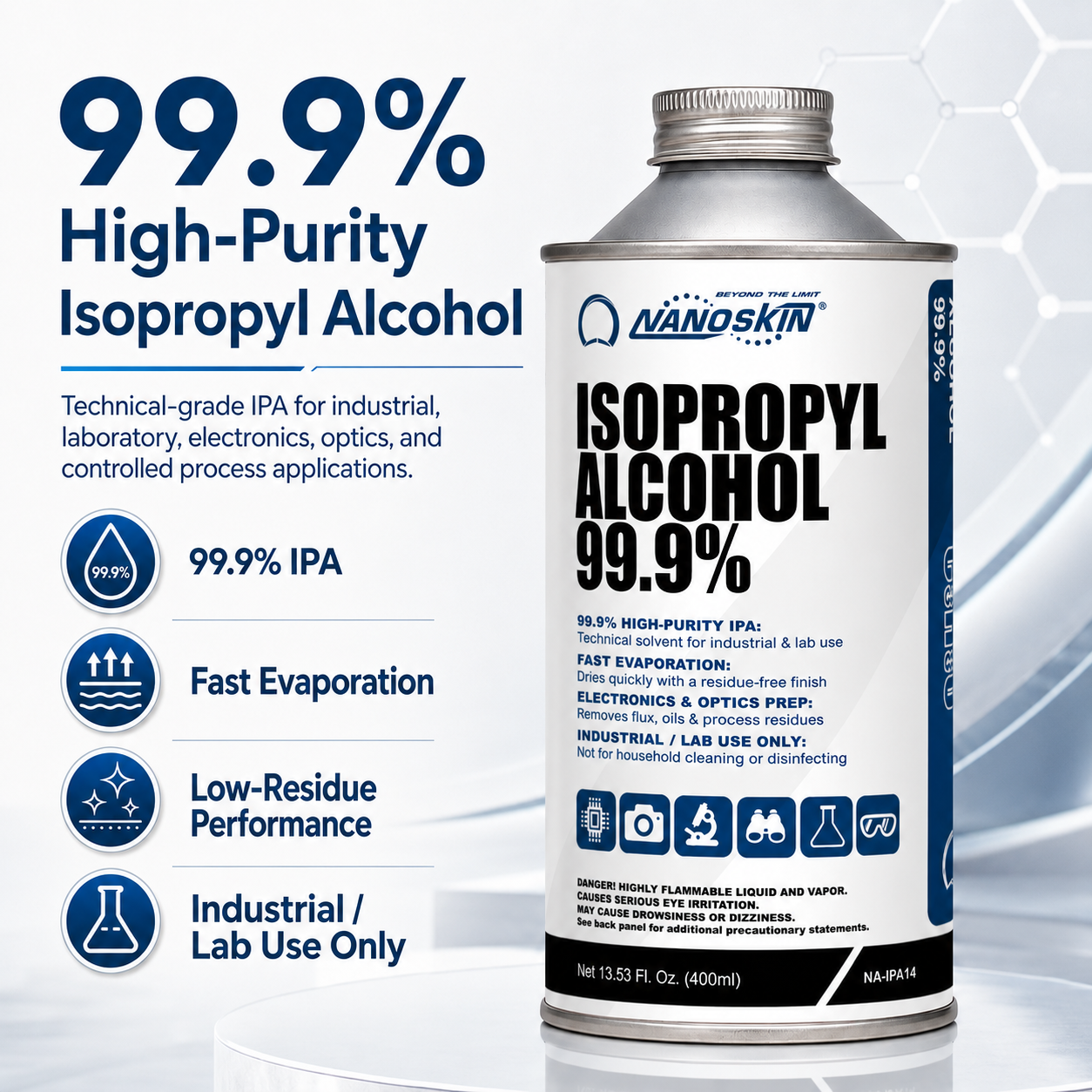 Nanoskin 99.9% Isopropyl Alcohol (IPA) – High-Purity Technical Grade Alcohol for Industrial & Laboratory Use, Fast Evaporating, Low-Residue Formula – 13.5 fl oz (400 mL)