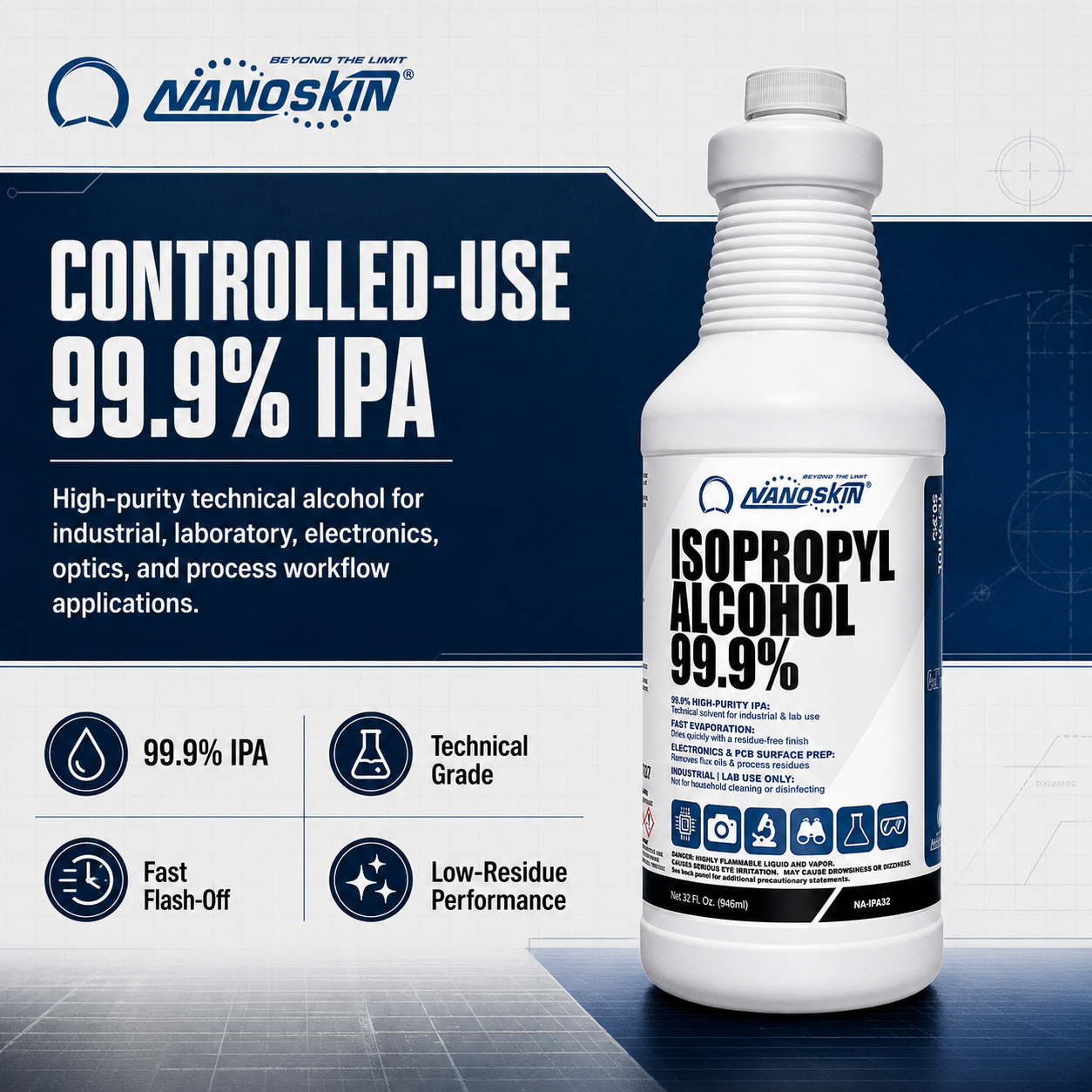 Nanoskin 99.9% Isopropyl Alcohol (IPA) – High-Purity Technical Grade Alcohol for Industrial &amp; Laboratory Use, Fast Evaporating, Low-Residue Formula – 32 fl oz (946 mL)