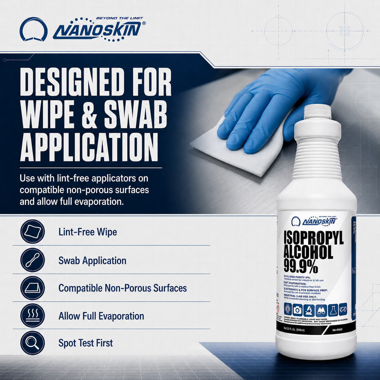 Nanoskin 99.9% Isopropyl Alcohol (IPA) – High-Purity Technical Grade Alcohol for Industrial &amp; Laboratory Use, Fast Evaporating, Low-Residue Formula – 32 fl oz (946 mL)