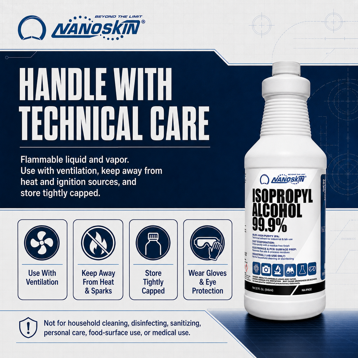 Nanoskin 99.9% Isopropyl Alcohol (IPA) – High-Purity Technical Grade Alcohol for Industrial &amp; Laboratory Use, Fast Evaporating, Low-Residue Formula – 32 fl oz (946 mL)