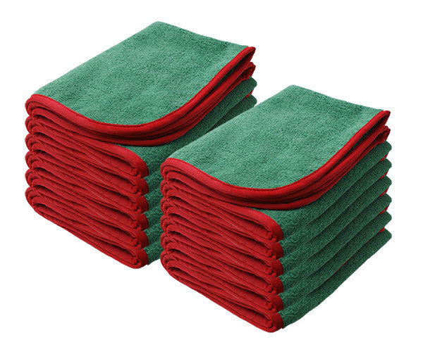GREEN Power Shine Microfiber Towel w/ Red silk edge 16" x 24"  (12 Pcs/ Pack)