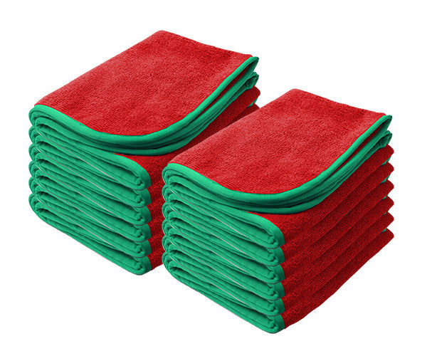 Power Shine Microfiber Towels, 12 Pack – 16" x 24", Red with Green Silk Edge, 380 GSM